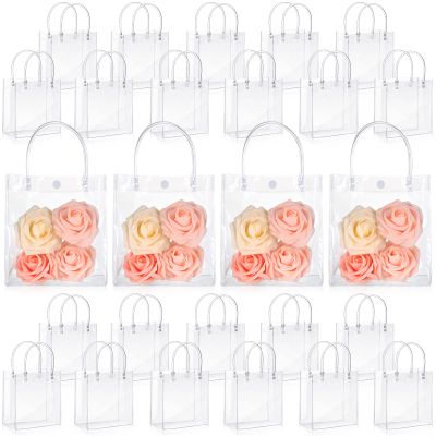 LEIFIDE 50pcs Clear Plastic Gift Bags with Handles PVC Reusable Transparent Totes Bags for Goodie Candy School Birthday Party(5.9 x 6.3 x 2.8 Inch)
