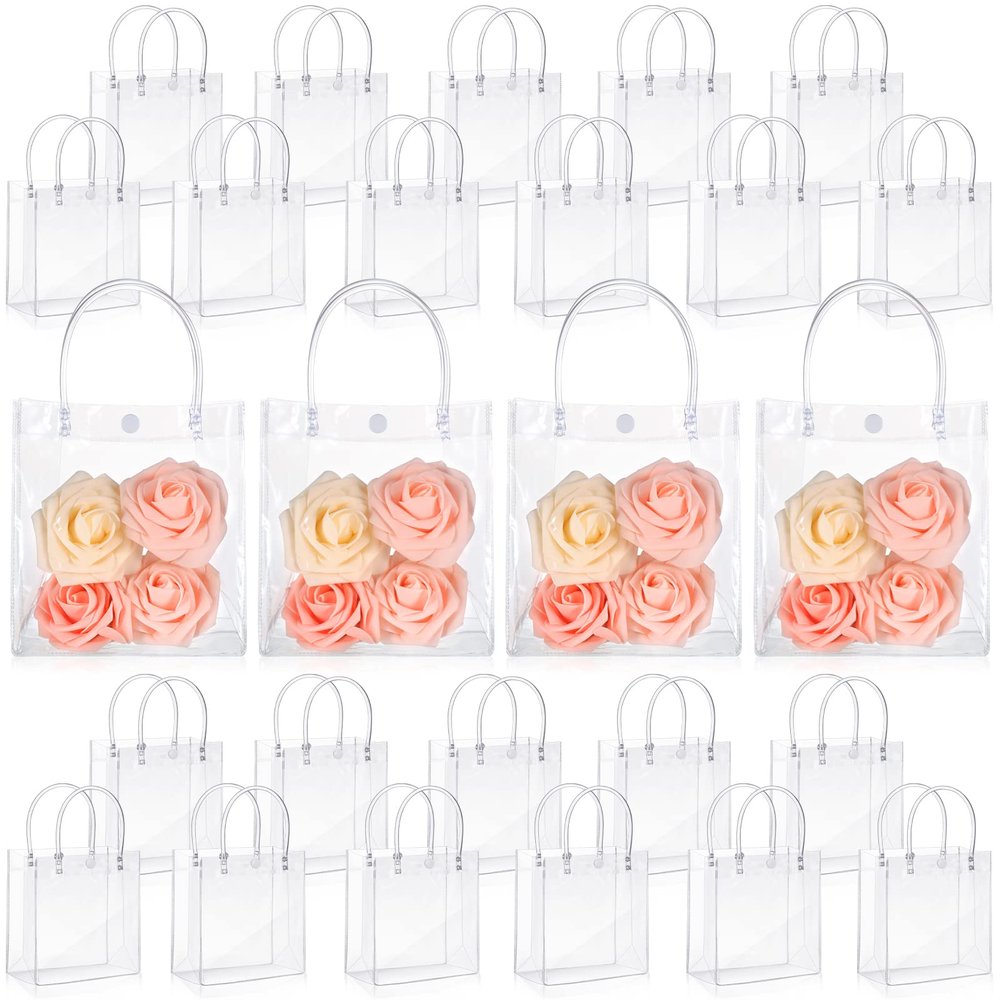 LEIFIDE 50pcs Clear Plastic Gift Bags with Handles PVC Reusable Transparent Totes Bags for Goodie Candy School Birthday Party(5.9 x 6.3 x 2.8 Inch)