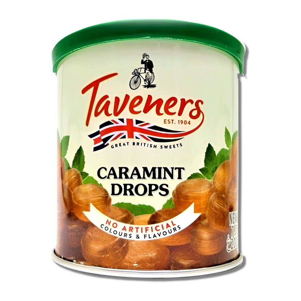 Taveners Caramint Drops Candy - British Caramel Mints Candy in Tin - Old Fashioned Mint Caramels Hard Candy - Hard Caramel Drops Candy as Christmas Treats - Mint Caramel Candy in Candy Tin (7.05 oz)