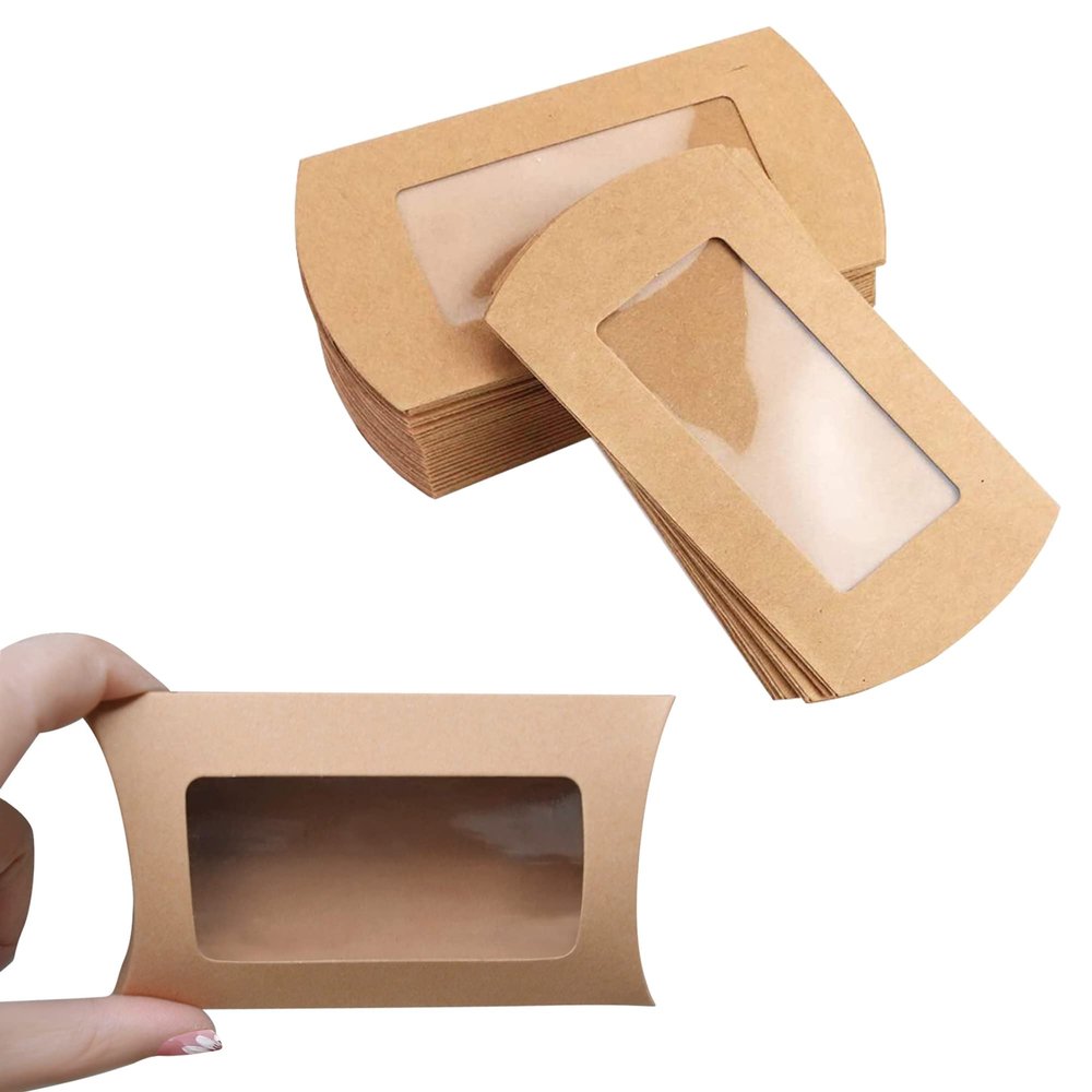 Wzttdm 40pcs Kraft Paper Mini Pillow Packaging Box with Clear Window, Box Treat Gift Packaging Box for Bakery Candy Chocolate Jewelry Display Wedding Party Favor (Brown, 5 x 3 x 0.8 inches)