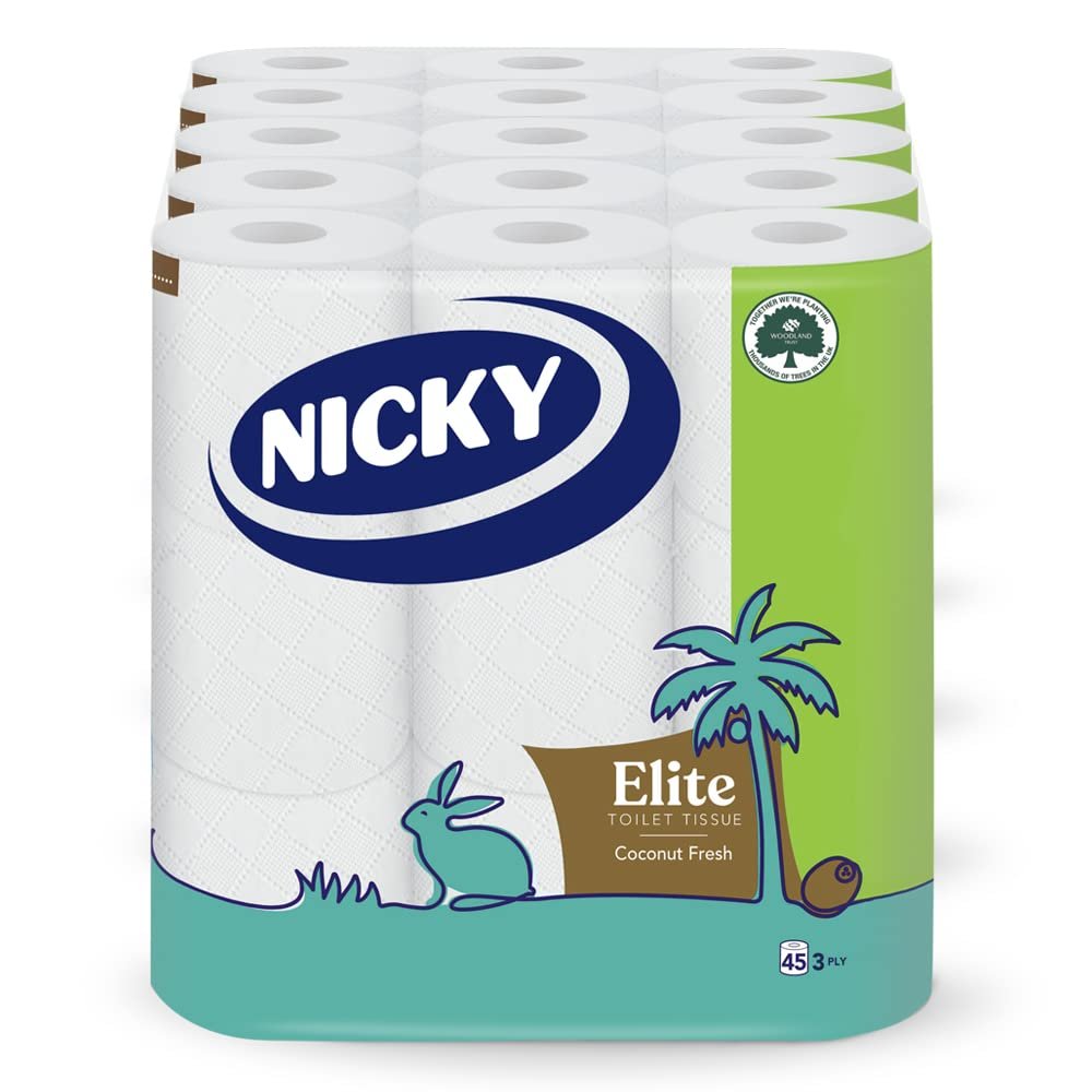 Nicky Elite Coconut Fresh Toilet Tissue - 45 Rolls of White Toilet Paper, 168 Sheets per Roll, 3-Ply, Exotic Coconut Scent, Softeness and Comfort to the Skin, 100% FSC Certified Paper, Easy Open Pack