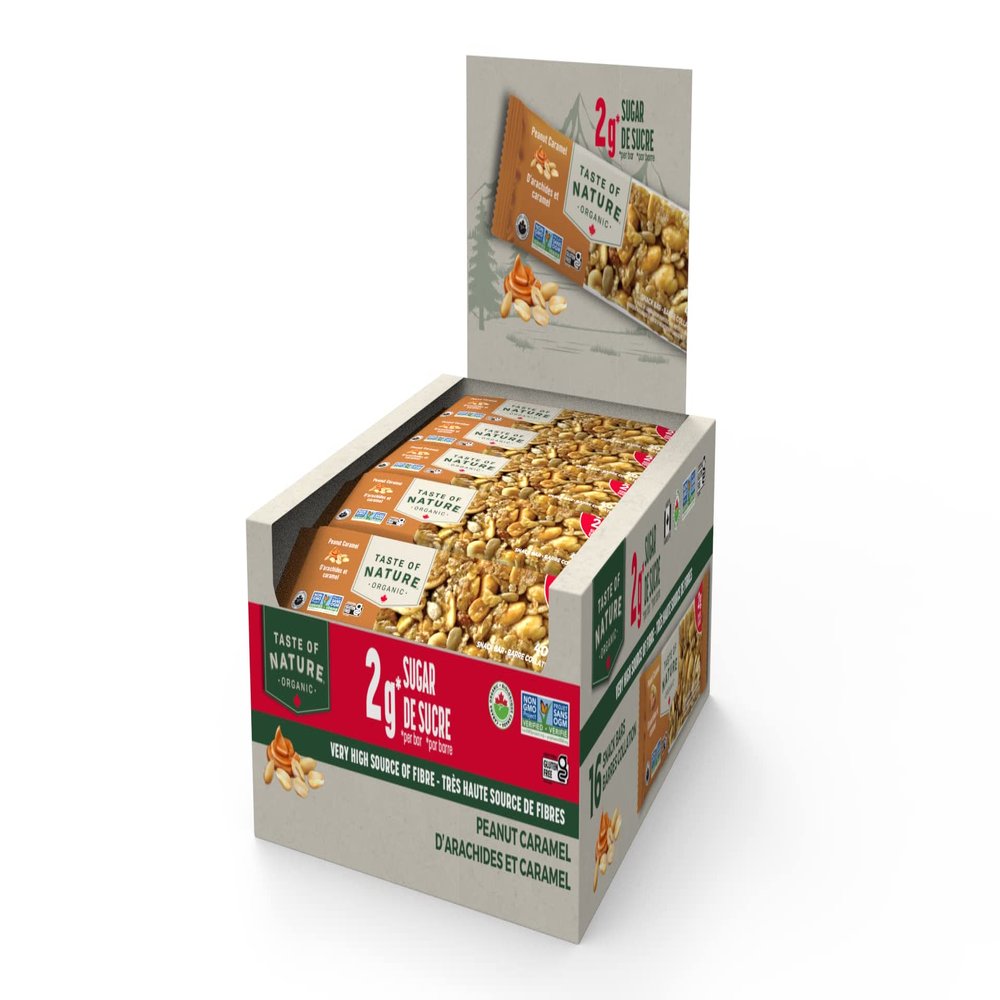Taste of Nature - Organic 2g Sugar Peanut Caramel - Low Sugar Snack and Breakfast Bar, High Fiber Energy Bar - 16 Count Snack Pack