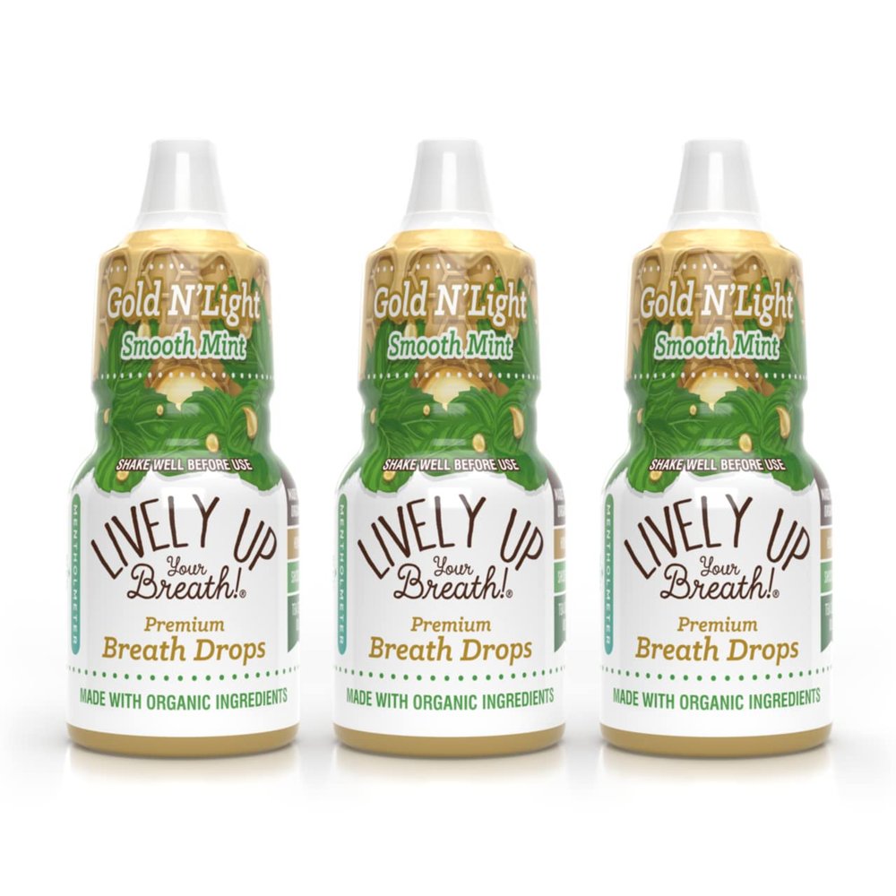 Lively Up Your Breath - Gold N Light Mint liquid breath freshener, great taste, potent lighter milder feel, restorative, cleansing, honey based, 3pk  8 ml FL. OZ