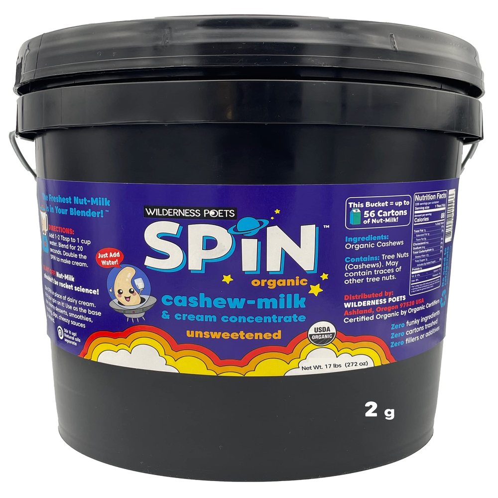 Wilderness Poets SPiN, Organic Cashew Cream and Milk Concentrate (Unsweetened) - 2 Gallon - 17 Pound - Make Cashew Milk, Cashew Cream, Non-Dairy Creamer for Coffee, Tea, Lattes, Smoothies and Vegan Desserts. Bulk Size (272 Ounce - 17 Pound)