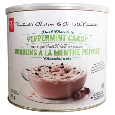 President's Choice Dark Chocolate Peppermint Candy Hot Cocoa Mix, 500g/17.5 oz., Tin (Imported from Canada)