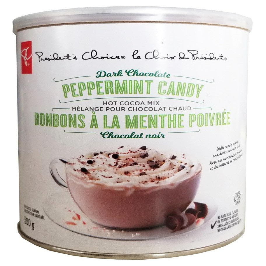 President's Choice Dark Chocolate Peppermint Candy Hot Cocoa Mix, 500g/17.5 oz., Tin (Imported from Canada)