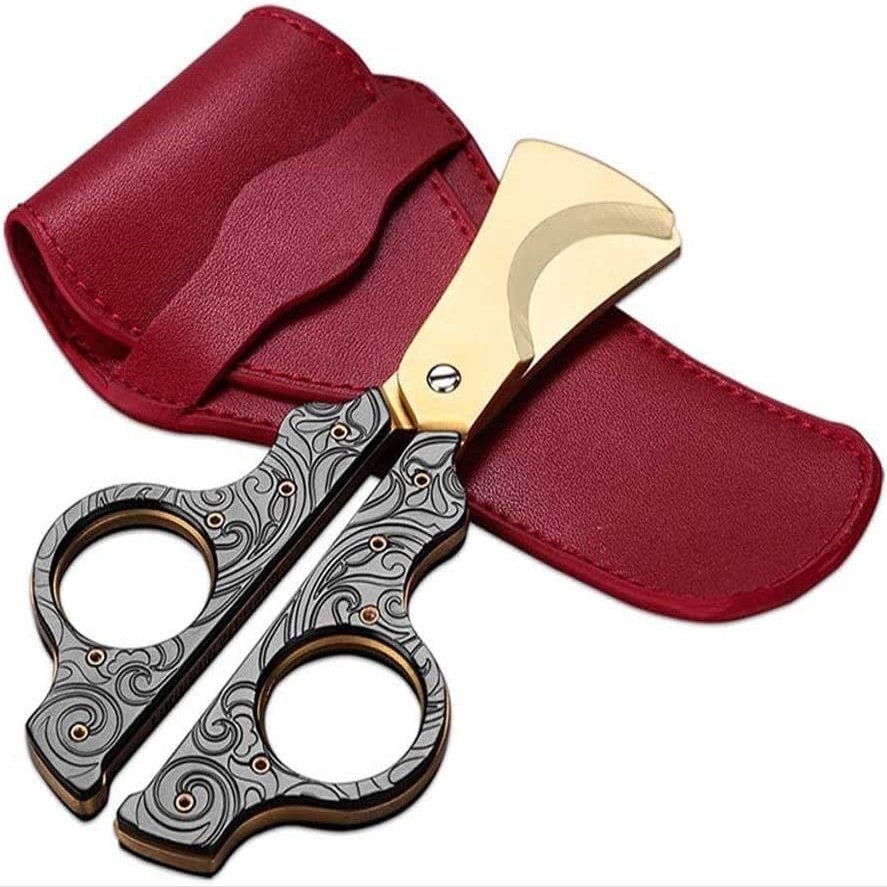 DULASP Premium Cigar Cutter Stainless Steel - Bronze Carved Design Hand-held Cigar Scissors Guillotine Double Cut Blade in Gift Box