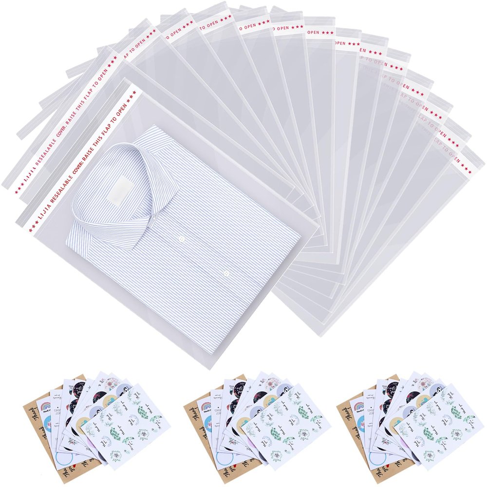 14x20 inches Large Clear Resealable Cellophane Bags for Packaging Products 300ct Self-sealing Gift Bags Self Adhesive Plastic Bags for Gifts,Clothes, Small Business, Thank you Stickers