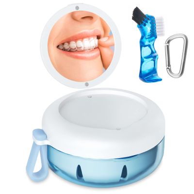 Denture Bath Case, Denture Cup, Leak Proof Portable Retainer Case, Denture Cleaning Kit with Cleaner Brush, Denture Box with Strainer & Mirror, Denture Case for Aligner Retainer Mouth Guard (Blue)