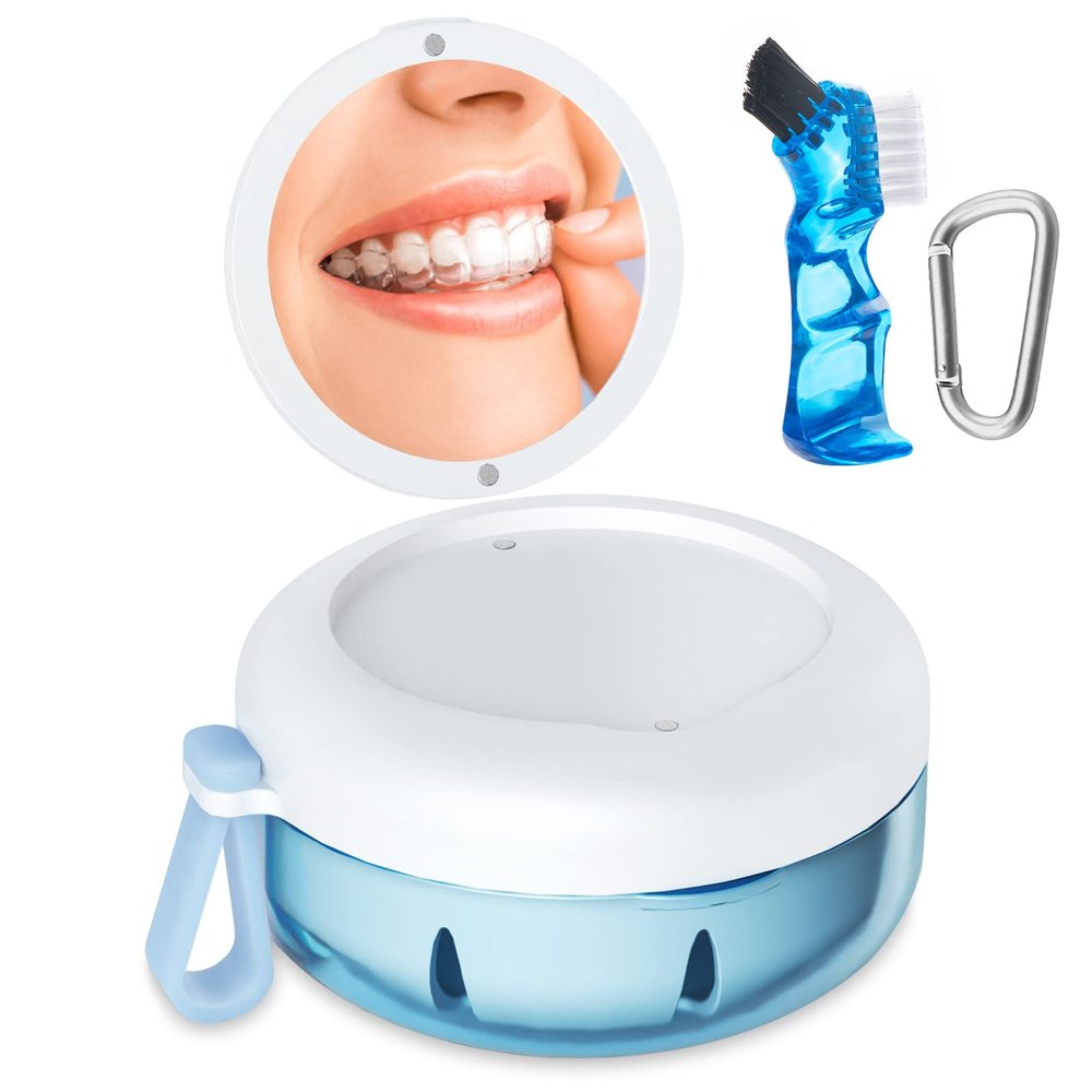 Denture Bath Case, Denture Cup, Leak Proof Portable Retainer Case, Denture Cleaning Kit with Cleaner Brush, Denture Box with Strainer & Mirror, Denture Case for Aligner Retainer Mouth Guard (Blue)