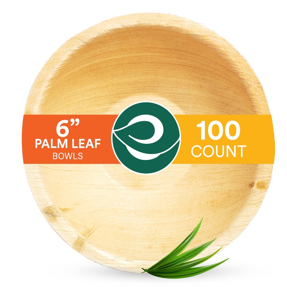 ECO SOUL 100% Compostable, Biodegradable, Disposable Palm Leaf Bowls,| pack of 100, Large 6 inch (16 Oz) | Round| Like Bamboo Bowls, Eco-friendly | Sturdy, Microwave & Oven Safe