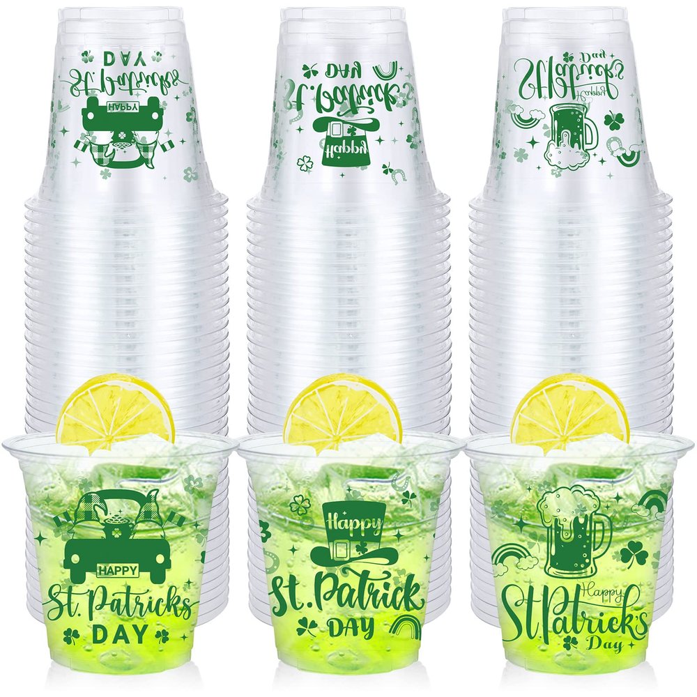 120 Pcs St Patrick's Day Shamrock Cups Happy St Patrick's Day Disposable Clear Plastic Cups St Patricks Day Party Plastic Cups Home Party Drinking Cups Green Plastic Cups for Party Decoration (12 oz)
