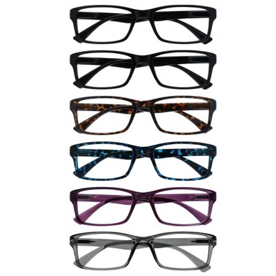 OPULIZE PEP Classic Reading Glasses for Women Men, Scratch Resistant Rectangular Frame with Spring Hinges, Black, Brown, Blue, Purple, Grey, +1 (Pack of 6)