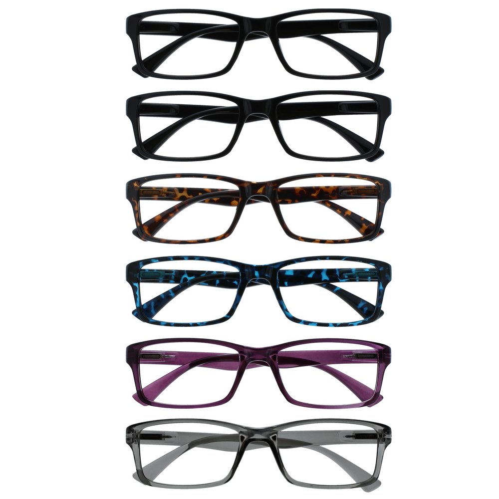 OPULIZE PEP Classic Reading Glasses for Women Men, Scratch Resistant Rectangular Frame with Spring Hinges, Black, Brown, Blue, Purple, Grey, +1 (Pack of 6)