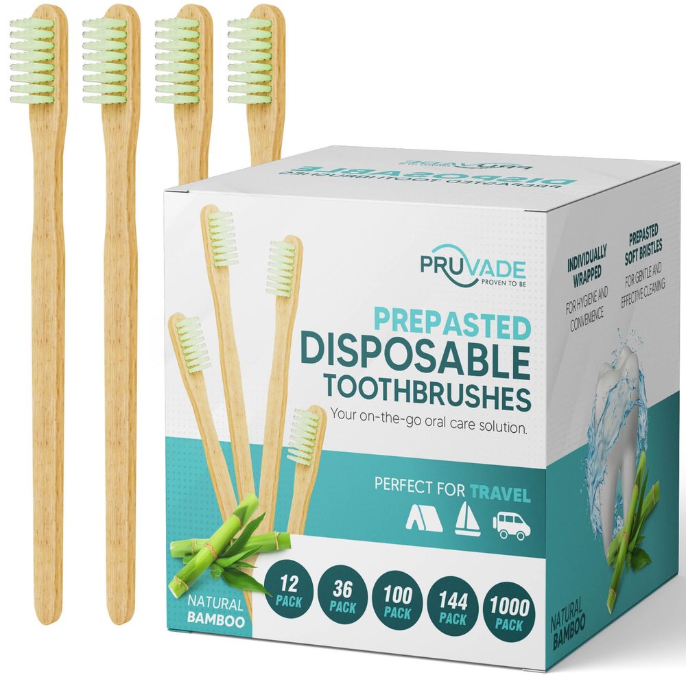 Pruvade 144 Pack Disposable Bamboo Toothbrushes with Toothpaste Built in - Prepasted Toothbrushes Individually Wrapped - Single Use Waterless Tooth Brush with Soft Bristles for Work, Camping, Travel