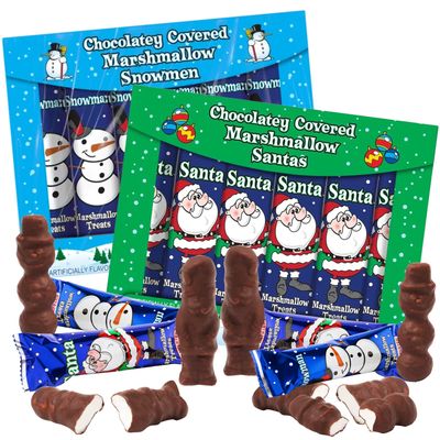 Santa and Snowman Shaped Chocolate Covered Marshmallows, Christmas 2023 Individually Wrapped Candies, Pack of 2, 10 Pieces