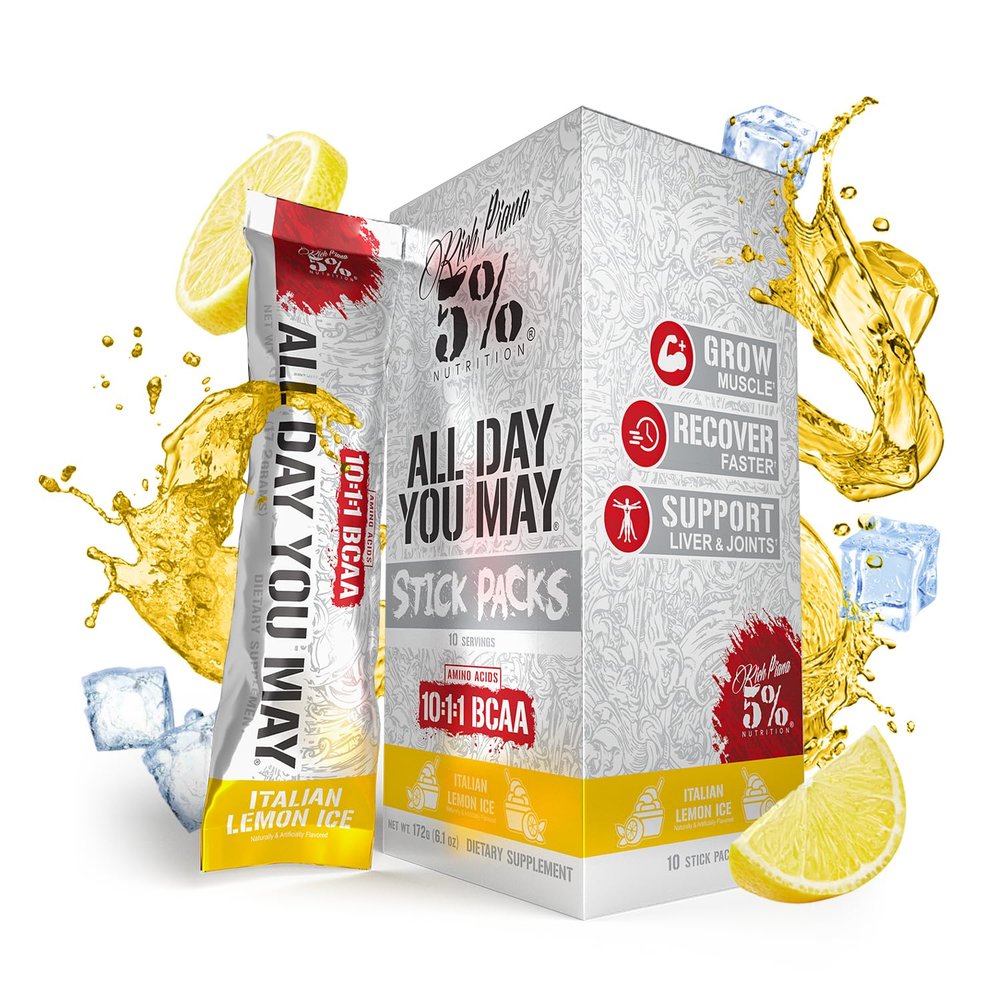 5% Nutrition Rich Piana AllDayYouMay BCAA Powder | 9g of Premium Intra & Post Workout Amino Acids for Hydration, Endurance, Muscle Recovery, Joint & Liver Support (Italian Lemon Ice)
