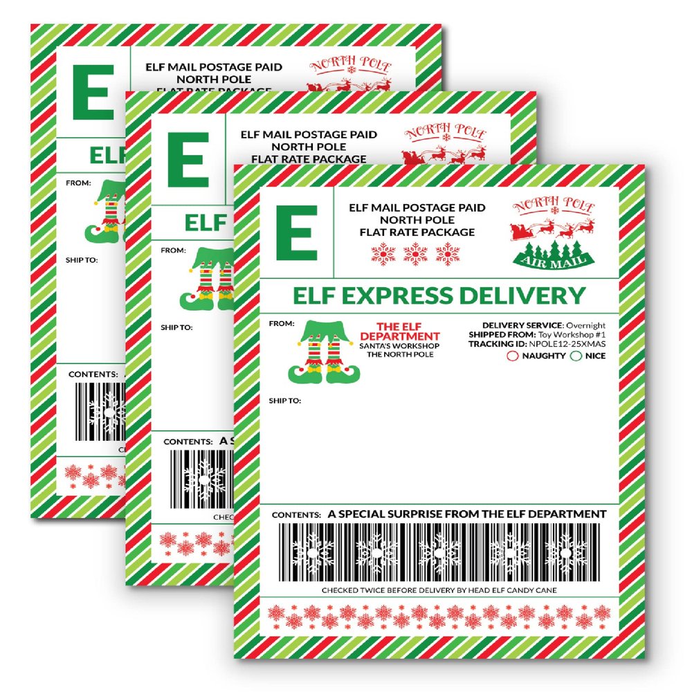 15 Elf Express Delivery Mail Shipping Labels from The North Pole Gift Tag 5 x 7" Early of Late Arrival Package or Surprise Gift from Santa Clause Fun Magical Holiday Tradition