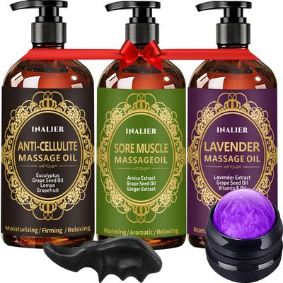 Valentines Day Gifts for Him Her,Massage Oil for Massage Therapy,3 Pack Cellulite,Sore Muscle & Lavender Massage Body Oil & Ginger Oil Lymphatic Drainage with Massage Ball,Galentines Gifts