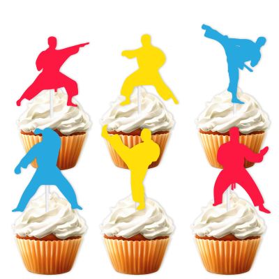 18pcs Colorful Glitter Dessert Cupcake Topper Karate Taekwondo Fitness Sports Theme Decor Supplies Men Boys Happy Birthday Party Decorations