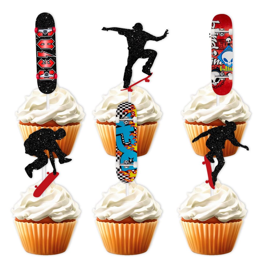 18pcs Glitter Skateboard Dessert Cupcake Topper Cheer to Skateboarder Extreme Skateboarding Theme Decor Supplies Boy Girl Happy Birthday Party Decorations