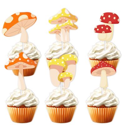 18pcs Glitter Mushroom Dessert Cupcake Topper Cheer to Jungle Plants Theme Decor Supplies Baby Shower Boy Girl Happy Birthday Party Decorations