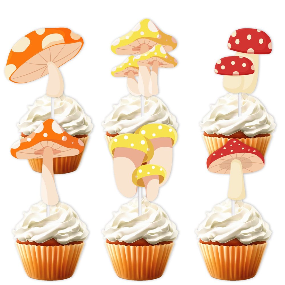 18pcs Glitter Mushroom Dessert Cupcake Topper Cheer to Jungle Plants Theme Decor Supplies Baby Shower Boy Girl Happy Birthday Party Decorations