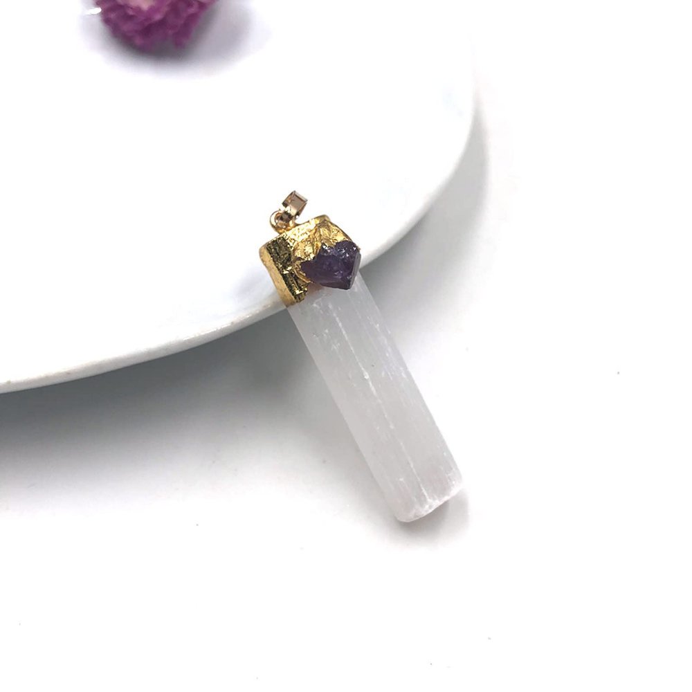 1pc Random Natural Selenite Stick Raw Pendant Crystal Necklace Quartz Mineral Stone Gift Gypsum Crafts,1pc Gold Amethyst