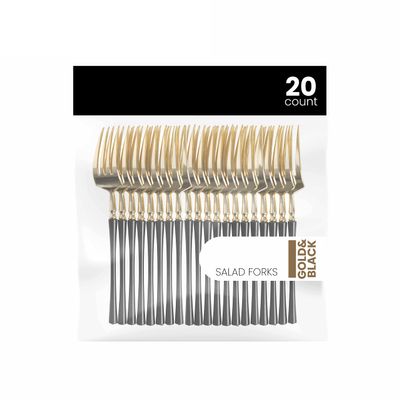 PlasticPro 20 Count Gold and Black Plastic Salad Forks Premium Quality Heavy Duty Disposable Elegant Silverware Two Tone Salad Forks for Party