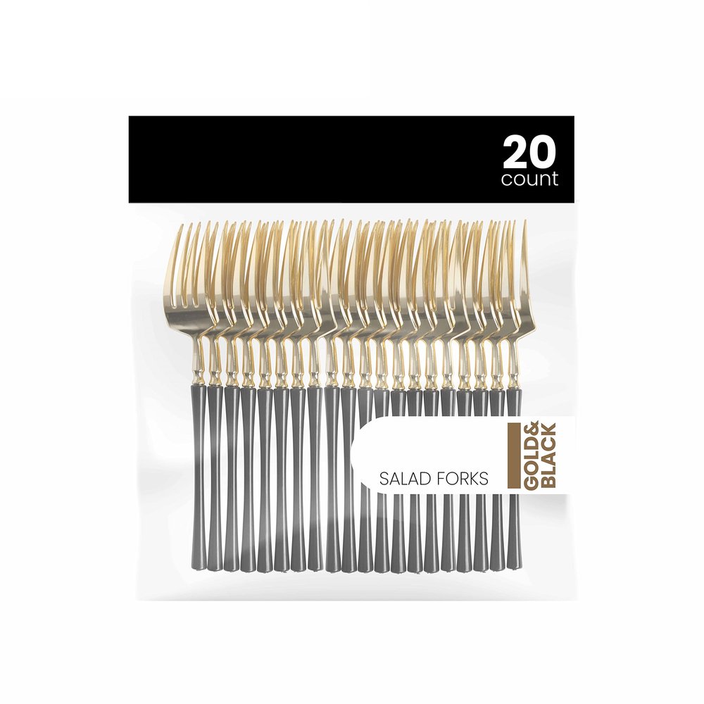 PlasticPro 20 Count Gold and Black Plastic Salad Forks Premium Quality Heavy Duty Disposable Elegant Silverware Two Tone Salad Forks for Party