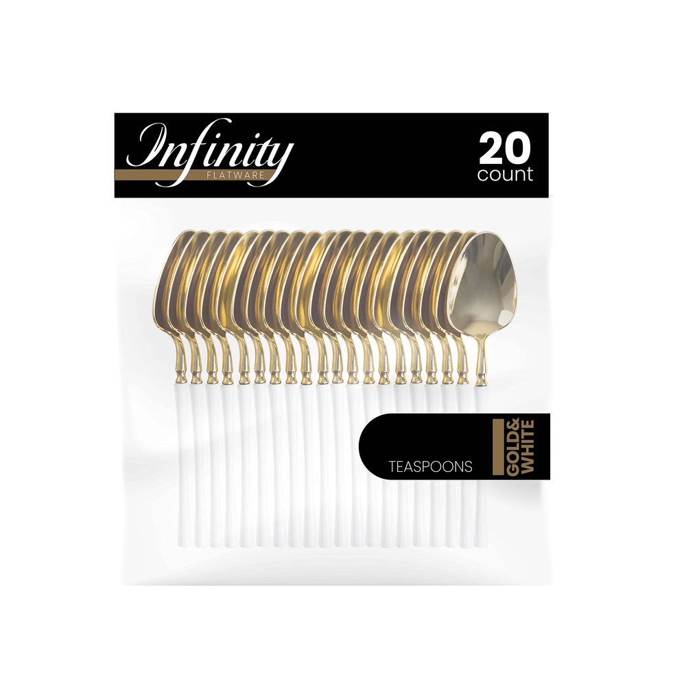 PlasticPro 20 Count Gold and White Plastic Tea Spoons Premium Quality Heavy Duty Disposable Elegant Silverware Two Tone Tea Spoons for Party