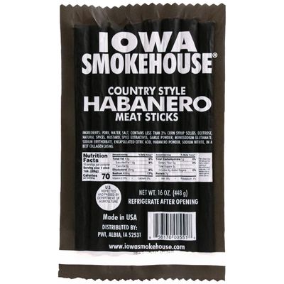 IOWA SMOKEHOUSE Country Style Meat Sticks, Habanero - Delicious Meat Snack - Vacuum Sealed & Ready to Eat Sticks - 7g of Protein, Made with all USA Pork - 16 Oz (16 sticks per pack)