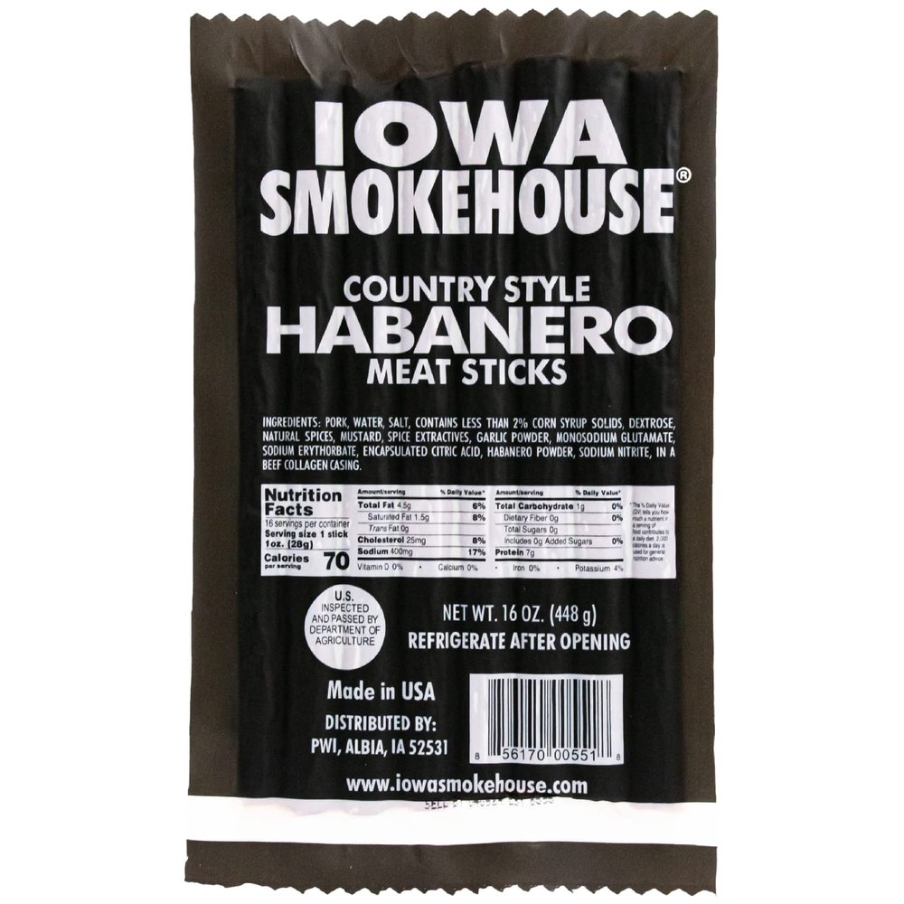 IOWA SMOKEHOUSE Country Style Meat Sticks, Habanero - Delicious Meat Snack - Vacuum Sealed & Ready to Eat Sticks - 7g of Protein, Made with all USA Pork - 16 Oz (16 sticks per pack)