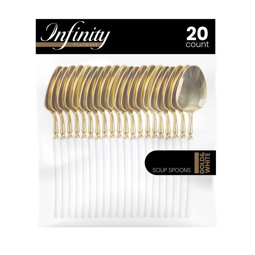 PlasticPro 20 Count Gold and White Plastic Soup Spoons Premium Quality Heavy Duty Disposable Elegant Silverware Two Tone Soup Spoons for Party