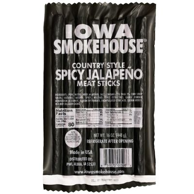 IOWA SMOKEHOUSE Country Style Meat Sticks, Spicy Jalapeno- Delicious Meat Snack - Vacuum Sealed & Ready to Eat Sticks - 7g of Protein, Made with all USA Pork - 16 Oz (16 sticks per pack)