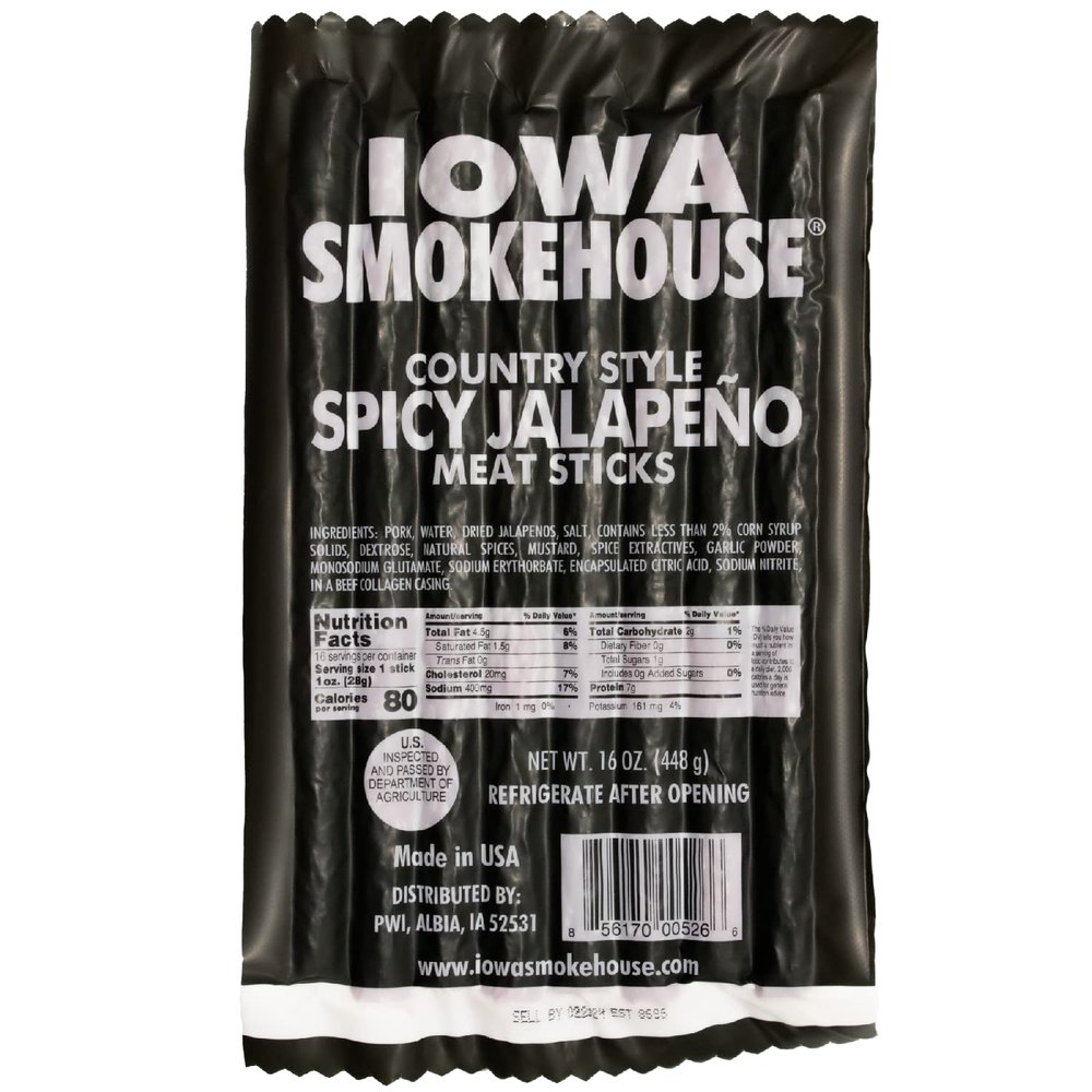 IOWA SMOKEHOUSE Country Style Meat Sticks, Spicy Jalapeno- Delicious Meat Snack - Vacuum Sealed & Ready to Eat Sticks - 7g of Protein, Made with all USA Pork - 16 Oz (16 sticks per pack)