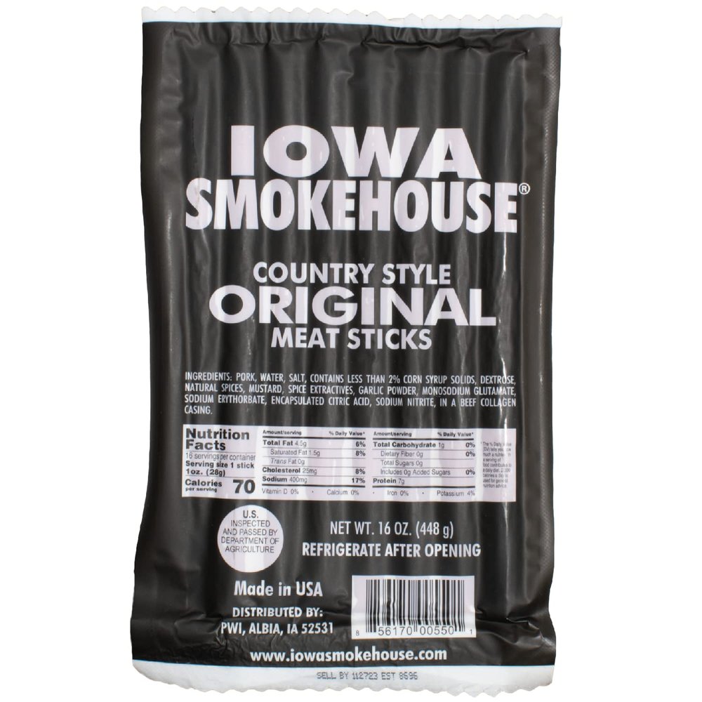 IOWA SMOKEHOUSE Country Style Meat Sticks, Original - Delicious Meat Snack - Vacuum Sealed & Ready to Eat Sticks - 7g of Protein, Made with all USA Pork - 16 Oz (16 sticks per pack)