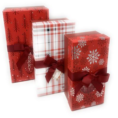 The Seasonal Shop 3 Christmas Gift Boxes Nesting Stacked Rectangle Boxes with Lids, Bows, and Holiday Tags in Assorted Sizes for Holiday Decoration or Decorative Present Wrapping (Red)