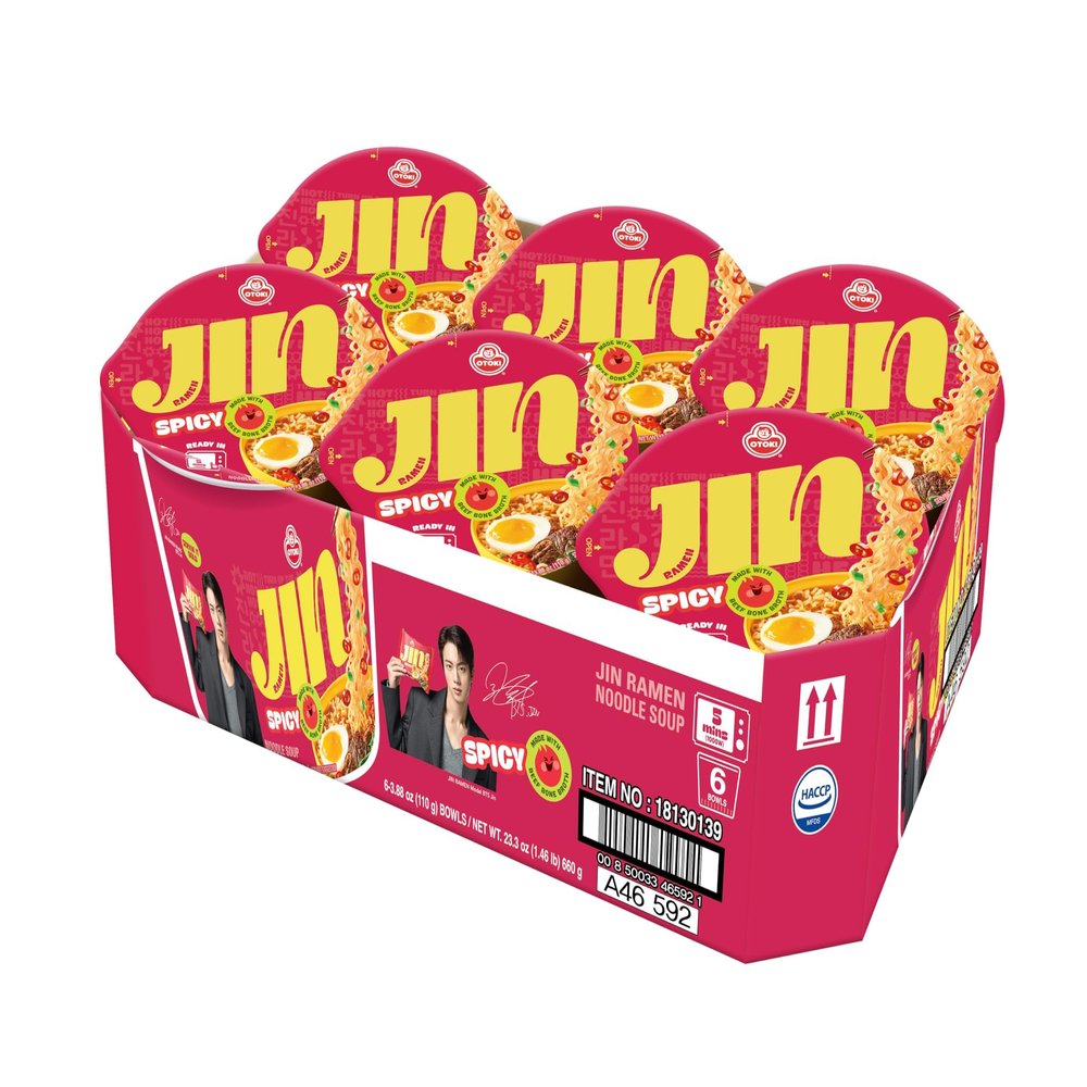 OTOKI Jin Ramen Spicy Bowl  Authentic Korean Instant Noodles with 13-Hour Simmered Beef Bone Broth, Bold & Fiery Flavor, Microwave or Add Hot Water, Ready in 5 Minutes, 3.88 oz (Pack of 6)