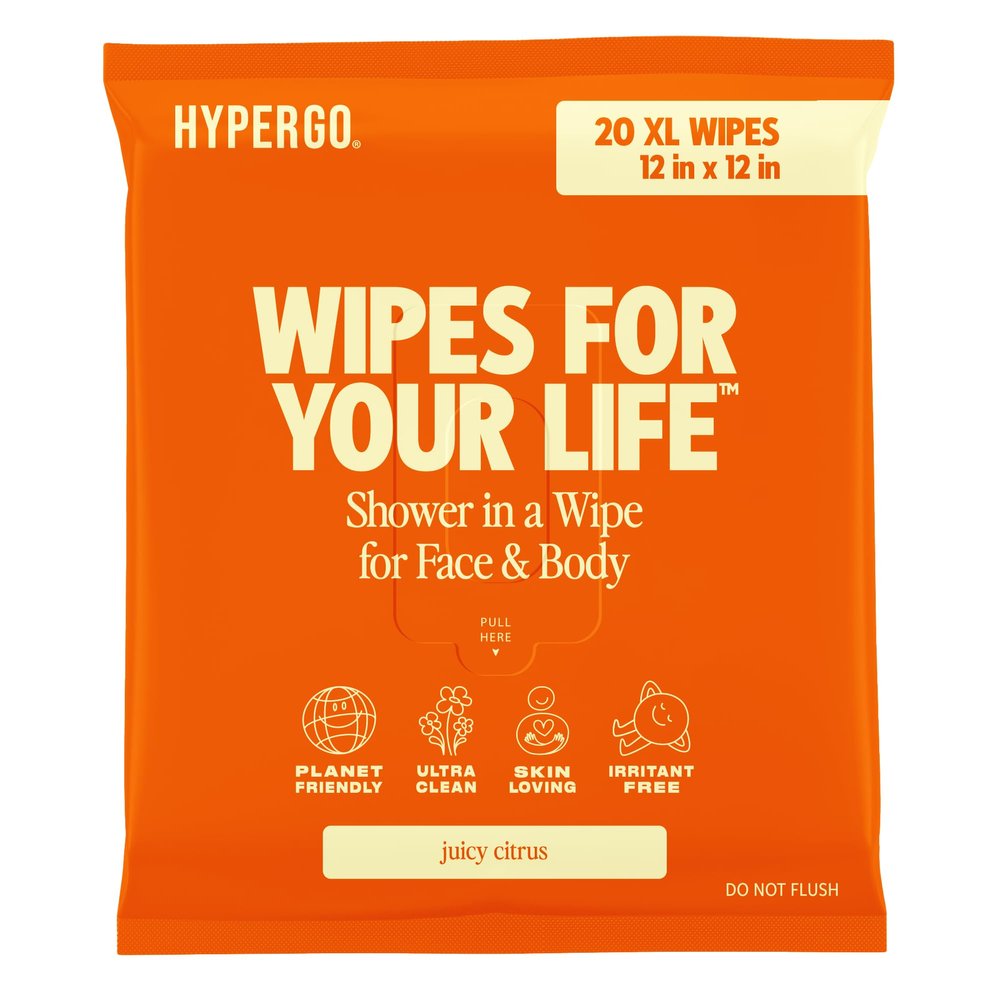 HyperGo XL Body Wipes for Women & Men  12" x12" Rinse-Free Full Body Cleansing Wipes 20 Count Pack - Citrus | Biodegradable, Hypoallergenic, Aloe-Infused | Gym, Festival, Camping Essentials