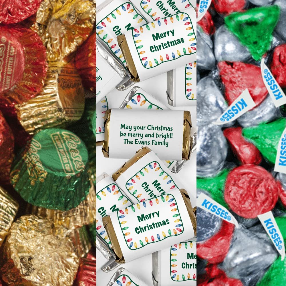 200pcs Personalized Christmas Candy Party Favors Chocolate Kit, (Custom Wrapped Miniatures, Kisses, Peanut Butter Cups) - Classic Lights