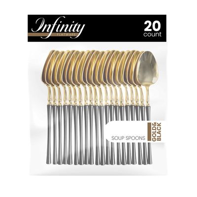 PlasticPro 20 Count Gold and Black Plastic Soup Spoons Premium Quality Heavy Duty Disposable Elegant Silverware Two Tone Soup Spoons for Party