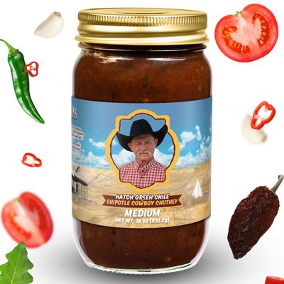 Kent Rollins Chutneys and Relishes - Gluten Free Green Chile and Chipotle Cowboy Chutney - All-Purpose Ingredient, Condiment & Topping - Ideal for Nacho, Eggs, Tacos, Chicken, Pork & More - 18 oz