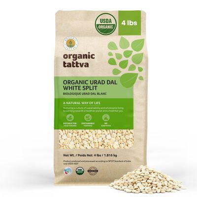 Organic Tattva White Urad Dal Split (4 lbs) - Dried Lentils Organic, Gluten Free, Vegan & Kosher - Unpolished White Lentils Dry - Protein & Fiber Rich Plant Based Nutrition - USDA Certified Legumes