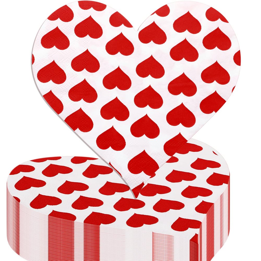100 Pcs Valentine's Day Heart Love Napkins Bulk 3 Ply Heart Shaped Party Supplies Beverage Napkins Disposable Paper Cocktail Napkins for Wedding Party, 6.5 x 6.5 Inch (Red)