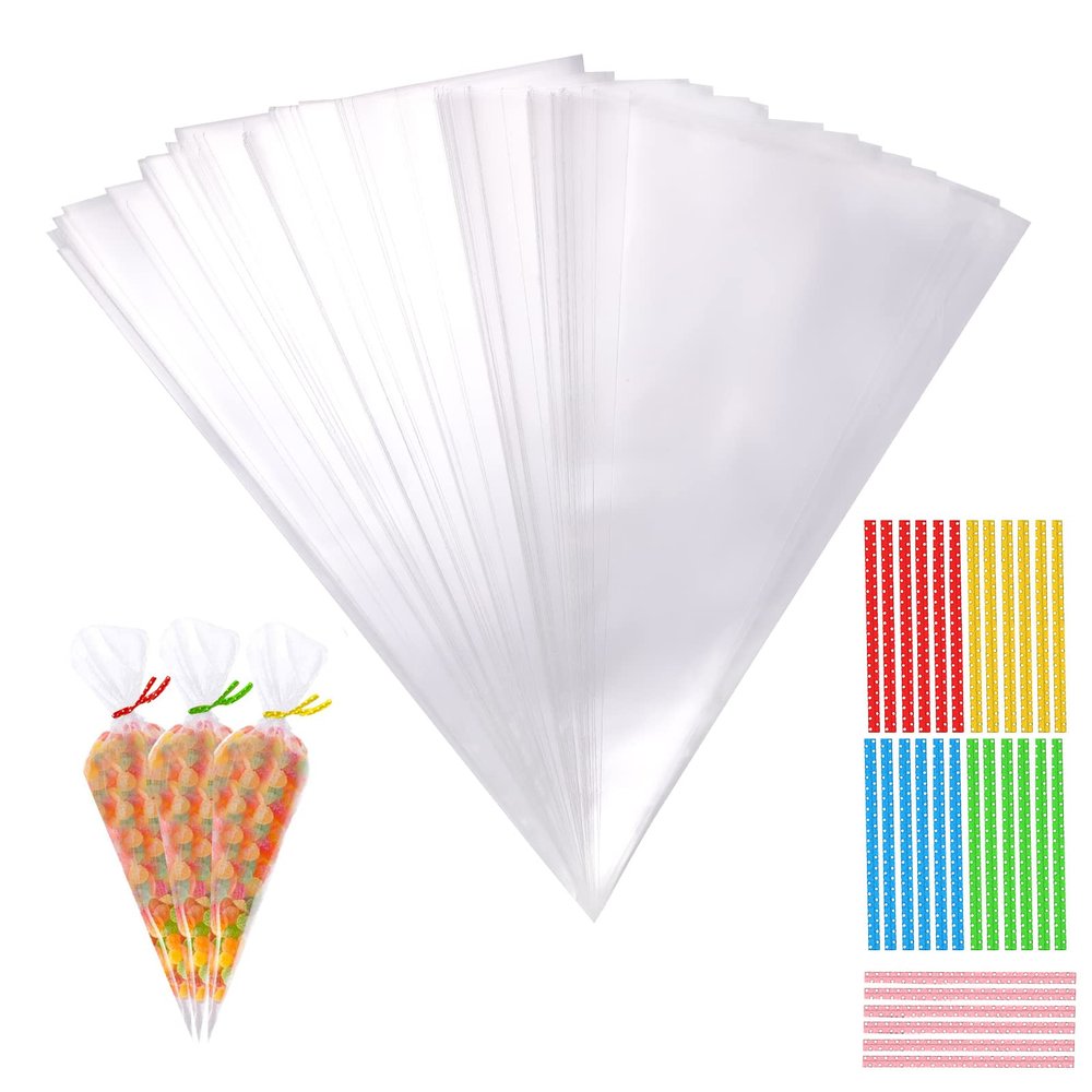 Pack of 100 Sweet Bags, 25 x 13 cm, Candy Bar Bags, Cone Bag, Cellophane Bags with 100 Twist Ties, Gift Bags for Sweets, Chocolate, Sweets, Biscuits (400-teiliges Set)