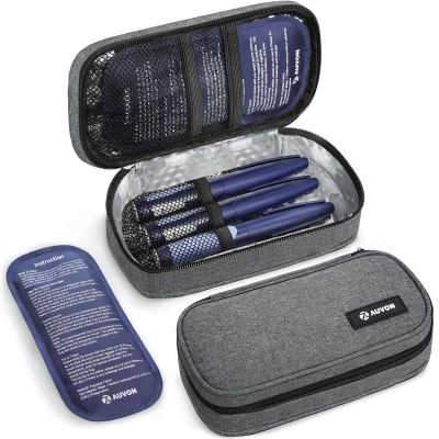 AUVON Insulin Cooler Travel Case with 2 x 160g Ice Packs, 1011 Hour Cooling, Compact Insulated Diabetic Medication Bag Fits 34 Insulin Pens & Diabetic Supplies, 8.27 x 4.33 x 2.56 in, TSA-Friendly