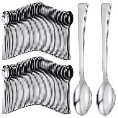 Yinkin 300 Pieces Plastic Mini Appetizer Spoon 4.53 Inch Stainless Steel Finished Silver Disposable Silverware Heavy Duty Plastic Tasting Dessert Forks for Party Wedding Catering