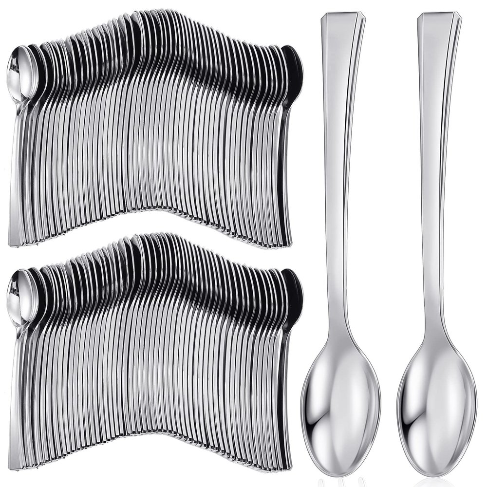 Yinkin 300 Pieces Plastic Mini Appetizer Spoon 4.53 Inch Stainless Steel Finished Silver Disposable Silverware Heavy Duty Plastic Tasting Dessert Forks for Party Wedding Catering