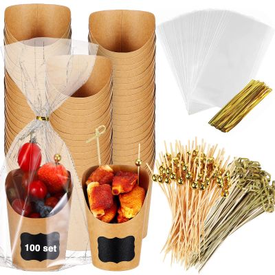 100 Pcs 14 oz Charcuterie Cups, French Fries Holder Disposable with 100 Clear Plastic Bags with Ties 400 Cocktail Picks 120 Label for Individual Party Serving Treats Popcorns Desserts (Kraft Color)